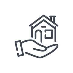 Home care line icon. Hand with house vector outline sign.