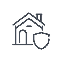 Property protection and secure line icon. House building with shield vector outline sign.
