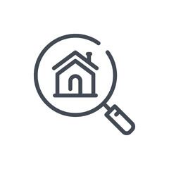 Real estate search line icon. Magnifier glass with house building vector outline sign.