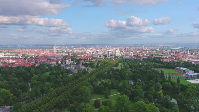 Hanover: Aerial view of city in Germany, main building of University of Hanover (Leibniz Universit&auml;t Hannover) - landscape panorama of Europe from above