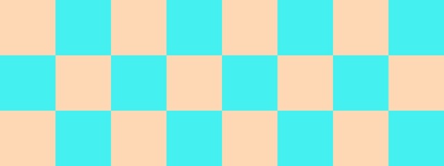 Checkerboard banner. Cyan and Apricot colors of checkerboard. Big squares, big cells. Chessboard, checkerboard texture. Squares pattern. Background.