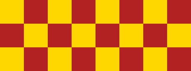 Checkerboard banner. Firebrick and Gold colors of checkerboard. Big squares, big cells. Chessboard, checkerboard texture. Squares pattern. Background.