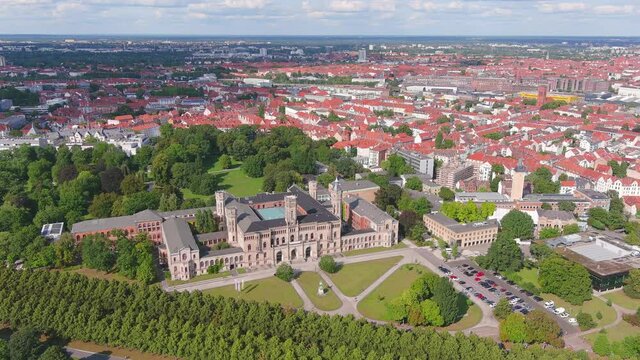 Hanover: Aerial view of city in Germany, main building of University of Hanover (Leibniz Universit&auml;t Hannover) - landscape panorama of Europe from above