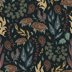 Seamless pattern with floral elements. Decorative wallpaper in vintage gothic style. Vector illustration