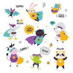 Animal Superhero Dressed in Mask and Cape or Cloak Vector Set