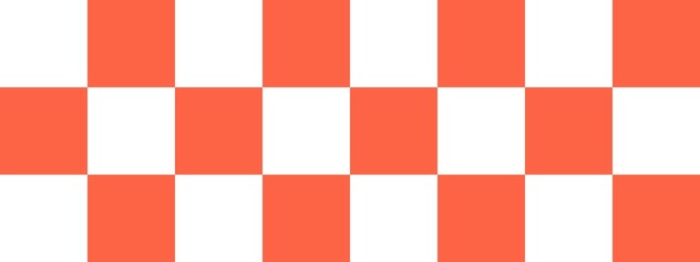 Checkerboard banner. Tomato and White colors of checkerboard. Big squares, big cells. Chessboard, checkerboard texture. Squares pattern. Background.