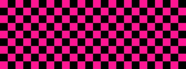 Checkerboard banner. Black and Deep pink colors of checkerboard. Small squares, small cells. Chessboard, checkerboard texture. Squares pattern. Background.