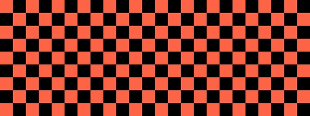 Checkerboard banner. Black and Tomato colors of checkerboard. Small squares, small cells. Chessboard, checkerboard texture. Squares pattern. Background.