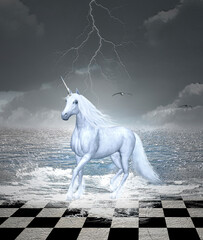 Beautiful white unicorn upon a chessboard