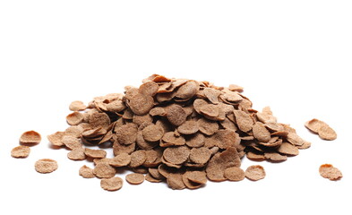 Crunchy corn flakes pile with cocoa, cereal, muesli pile isolated on white 