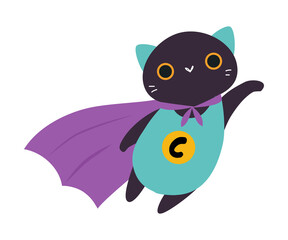 Flying Black Cat Animal Superhero Dressed in Purple Cloak Vector Illustration