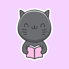 Kawaii black cat reading a book illustration. Vector graphics for t-shirt prints and other uses.