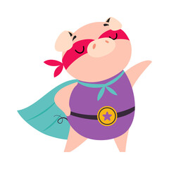 Pink Pig Superhero Character in Eye Mask and Cloak Having Super Power Vector Illustration