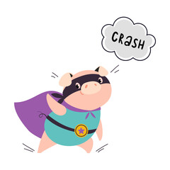 Pink Pig Superhero Character in Eye Mask and Cloak Crashing Vector Illustration