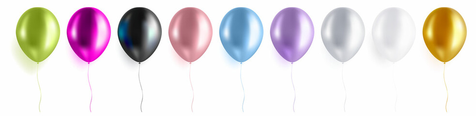 Trendy balloon set isolated on white background. Realistic helium ballon collection templates. Green, purple. black, pink, blue, silver, white, gold colours.