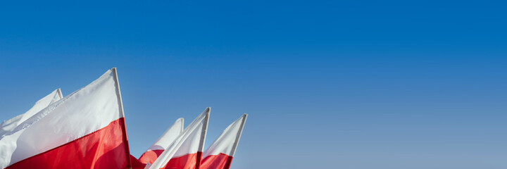A group of red and white flags of the Polish state fluttering in the wind. Panorama.
