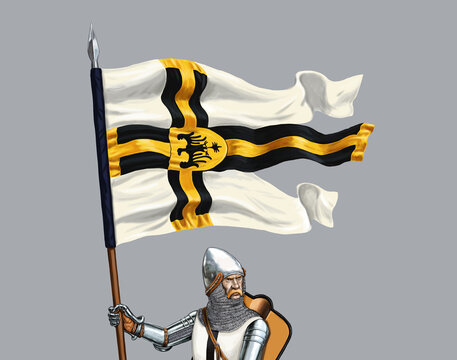 Teutonic knight with the heraldic banner. Medieval knight. XVc. Historical digital illustration.