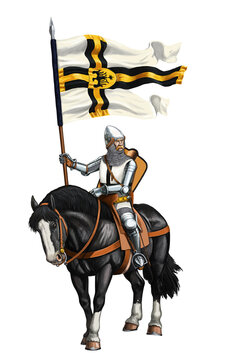 Mounted teutonic knight. Medieval knight. XVc. Historical digital illustration.	
