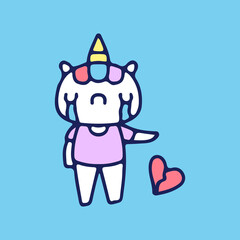 Sad unicorn with broken heart illustration. Vector graphics for t-shirt prints and other uses.