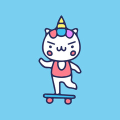 Kawaii unicorn playing a skateboard illustration. Vector graphics for t-shirt prints and other uses.