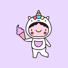 Obraz na płótnie Canvas Cute kid in unicorn costume holding ice cream illustration. Vector graphics for t-shirt prints and other uses.