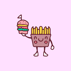 Cute French fries mascot holding burger illustration. Vector graphics for t-shirt prints and other uses.