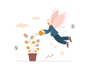 Business angel watering money tree, flat cartoon vector illustration isolated.