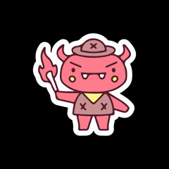 Cute little devil with traveler outfit holding torch illustration. Vector graphics for t-shirt prints and other uses.