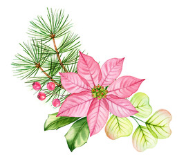 Watercolor Christmas composition. Transparent poinsettia flowers, eucalyptus leaves, pine tree branches. Hand painted illustration for winter holiday season, greeting cards, banners, calendars - 470652380