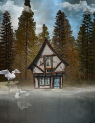 Foggy forest landscape with a funny house and two white swans
