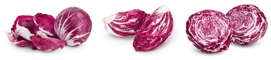 Obraz premium Fresh red radicchio salad chopped isolated on white background with full depth of field. Set or collection