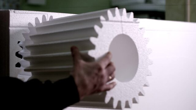 Cutting a gear from a huge piece of styrofoam