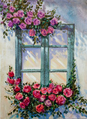 window white frame with flower decoration painting oil on canvas hand made art