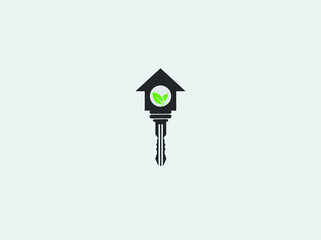 eco home concept. Illustration of house in the form of a key, with a green leaf inside. Creative idea for logotype for building company. vector illustrations.
