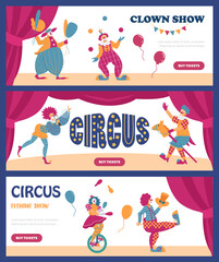 Circus show banners or flyers set with funny clowns, flat vector illustration.