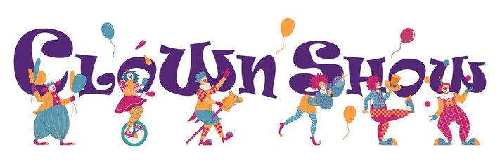 Clown show horizontal banner or flyer mockup flat vector illustration.