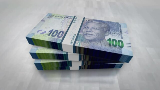 South Africa Rand money pile pack. Concept background of economy, banking, business, crisis, recession, debt and finance. 100 ZAR banknotes stacks animation.