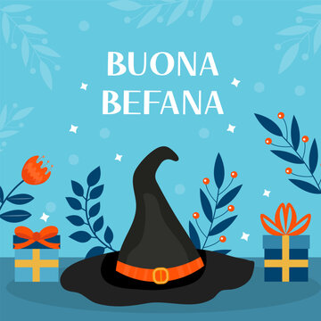 Buona Befana mean happy Epiphany Christmas Tradition in Italy Witch hat and Christmas accessories template for your design. Vector illustration