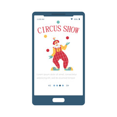 Circus performances app onboarding screen interface, flat vector illustration.