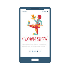 Clown show onboarding screen template for mobile app, flat vector illustration.