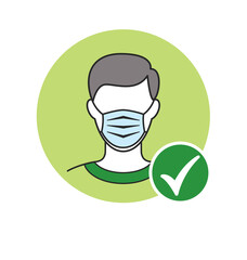 man with facemask and green tick checkmark covid