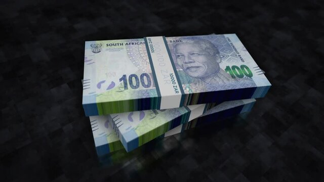 South Africa Rand money pile pack. Concept background of economy, banking, business, crisis, recession, debt and finance. 100 ZAR banknotes stacks animation.