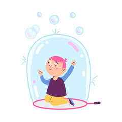 Cute little girl sitting inside soap bubble, flat vector illustration isolated.