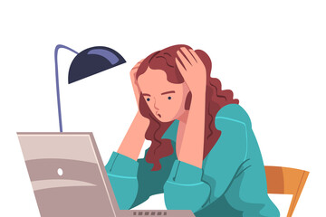 Tired Young Woman Sitting at Laptop Holding Head with Hands Vector Illustration