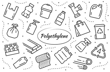 Low density polyethylene. LDPE products - food package, plastic bottle, bucket, garbage bag. Vector linear illustrations.