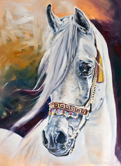 White arabian horse portrait original art work oil on canvas hand made illustration © Natalia