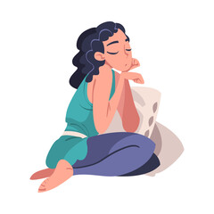 Tired Young Woman Sitting Leaning on Pillows Vector Illustration