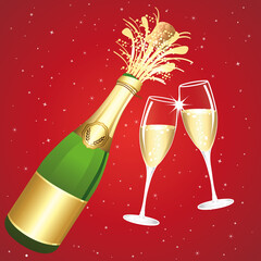 Uncorked bottle of champaign with two cups. Toast. Event. Happy New Year or Anniversary. Red and gold vector illustration.