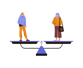 Man in casual clothes and woman wearing hoodie stand on the scales showing equal weight. Flat vector concept.