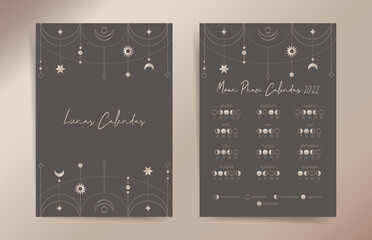 One page gray lunar calendar 2022 year card. Mystic retro moon calendar 2022 poster template design. Lunar phases schedule concept. Vector illustration background. Vintage monthly calendar.
